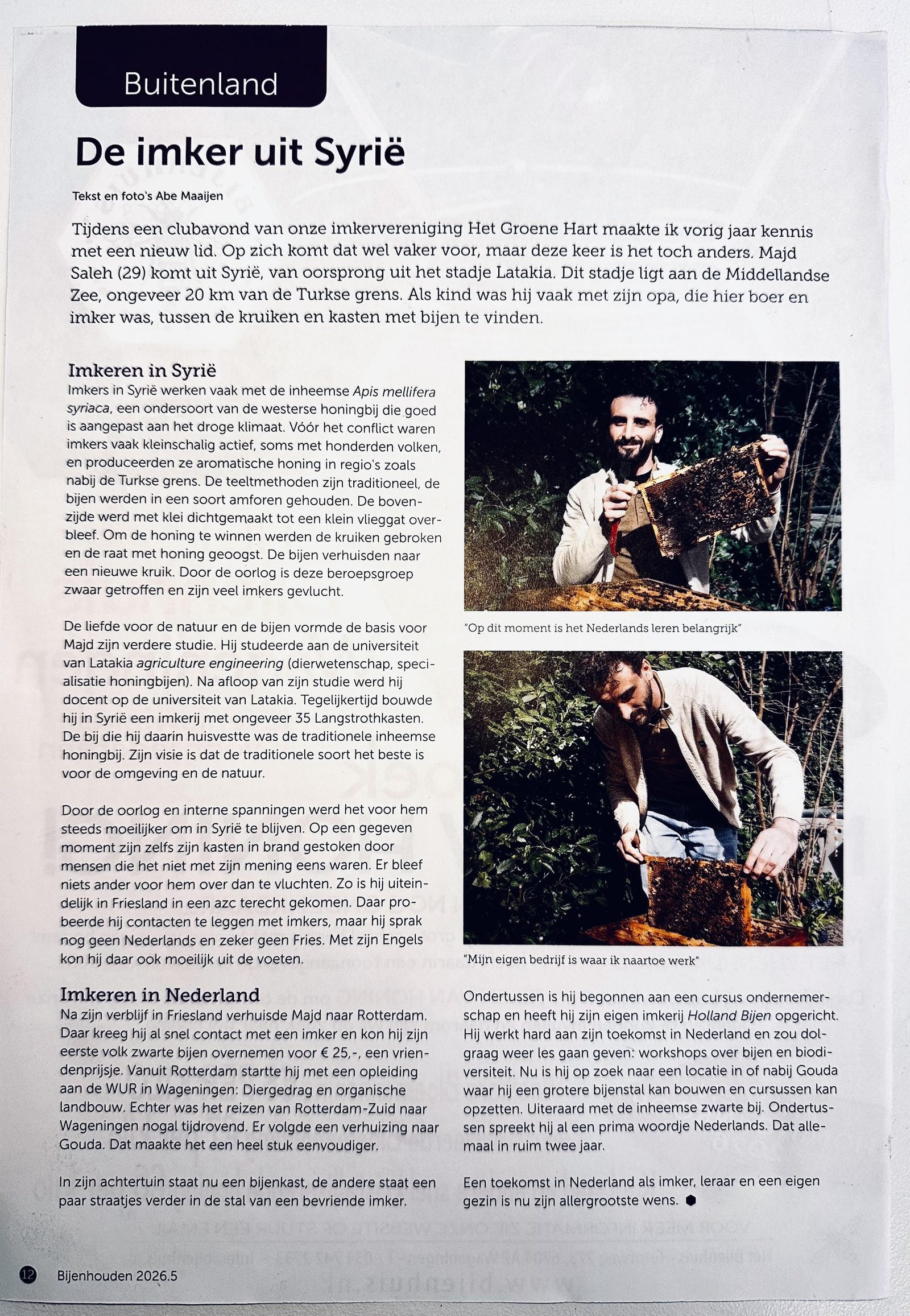 Page from Bijenhouden, the NBV magazine, with the article ‘De imker uit Syrië’ and two photos of Majd Saleh with a frame of bees